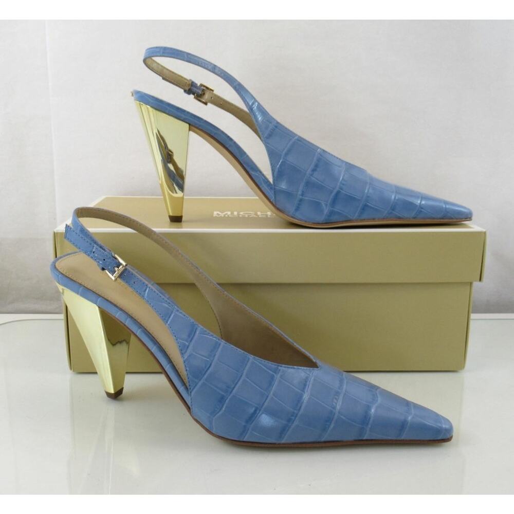 Michael Kors Electra Size 7.5 Sling Back Pump Pointed Toe Leather French Blue - Picture 3 of 8